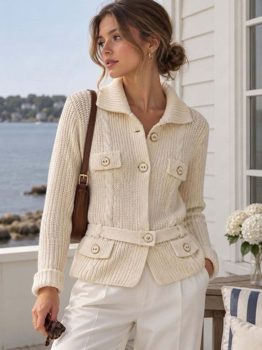 Talbots Collection Made of Italian Yarn Cream Cable Knit Belted Cardigan Jacket
